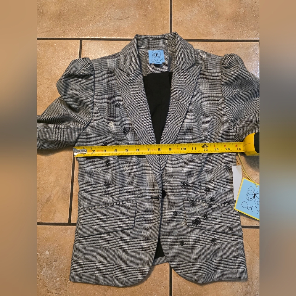 CeCe Black and Gray Plaid Puff-Sleeve Blazer with Star Embellishments - Picture 6 of 10